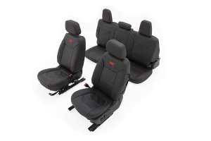 GMC Sierra 1500 Leather Seat Covers - Front + Rear - Rough Country - Premium Leather, Red Accent Stitching, Front Buckets + Rear 60/40 - Red Accent Stitching - '19-'25